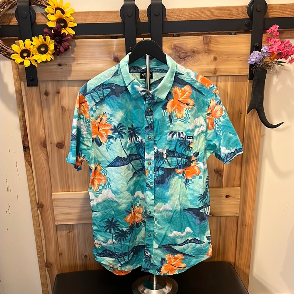 Billabong Men's Tropical Blue and Orange Shirt